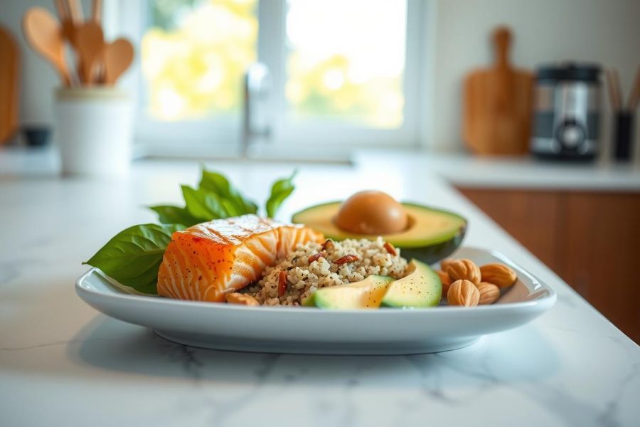 Healthy salmon dish with quinoa, avocado, and almonds on a white plate. A nutritious meal with vibrant colors and fresh ingredients, set against a marble surface.