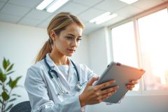 A female doctor in a white coat examines a tablet, likely reviewing patient data. The image conveys a modern healthcare setting with a focus on technology and patient care.
