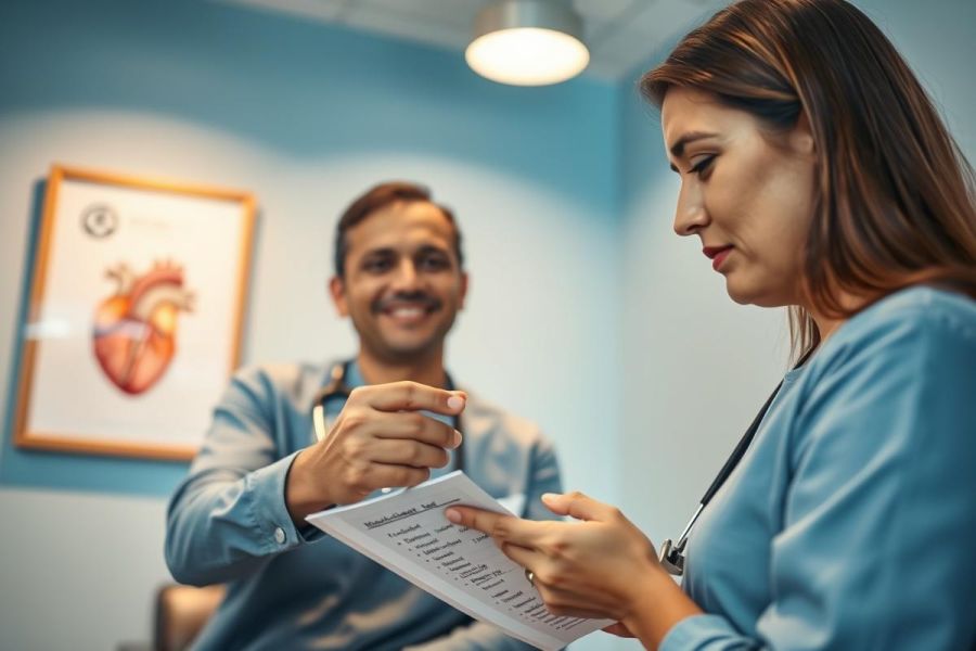Healthcare professionals in a clinic examining medical documents. A doctor and nurse are reviewing patient records in a blue-toned office setting with a heart diagram visible on the wall. Focus on medical consultation and patient care.