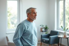 Older man with gray hair gazes out a window in a bright, modern living room. Soft blue and gray tones dominate the scene, featuring a comfortable armchair, side table, and potted plants. A contemplative portrait evoking themes of aging, reflection, and home.
