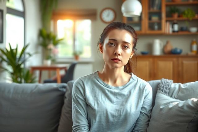 The image features a woman seated on a modern couch in what appears to be a well-lit, cozy living room. She is wearing a casual long-sleeve top and her expression seems contemplative as she gazes off to the side. The room has minimalist decor with plants and natural wood accents, suggesting a contemporary style.