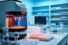Laboratory scene featuring a cell analyzer machine with glowing orange samples and a computer monitor. A modern scientific workspace with shelves of reagents and lab equipment. Cool blue lighting highlights the sterile environment, ideal for biomedical research and cell biology.