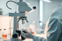 Close-up of a scientist in a lab coat and gloves examining a petri dish under a microscope. The sterile laboratory environment features white surfaces and scientific equipment. Focus is on the microscope and sample, highlighting research and medical science themes. Cool, professional lighting.