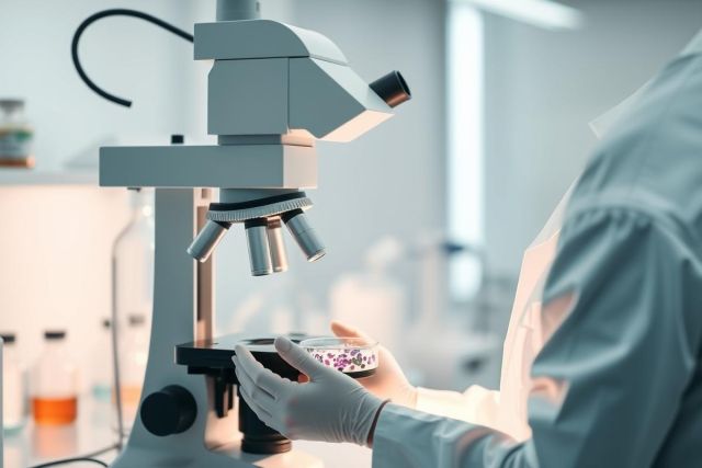 Close-up of a scientist in a lab coat and gloves examining a petri dish under a microscope. The sterile laboratory environment features white surfaces and scientific equipment. Focus is on the microscope and sample, highlighting research and medical science themes. Cool, professional lighting.