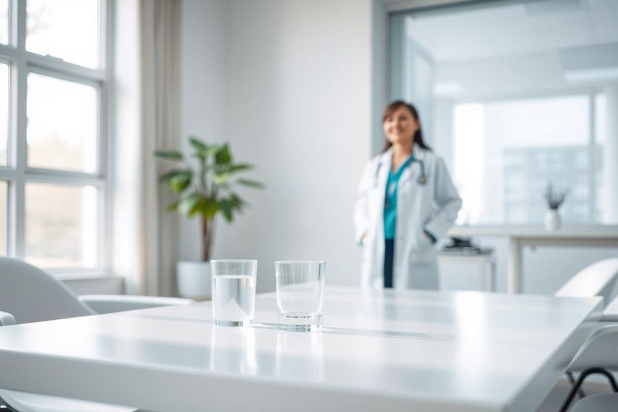 A doctor in a white coat stands in a bright, modern medical office. Two glasses of water sit on a clean white table in the foreground. The scene conveys a sense of healthcare, wellness, and a professional medical environment with natural light and calming colors.