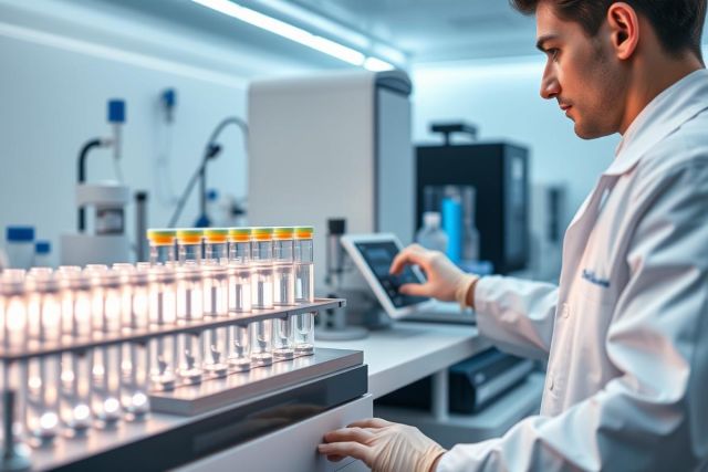 Scientist in a modern laboratory analyzing samples. The image showcases vials, lab equipment, and a tablet, with a focus on scientific research and pharmaceutical testing. Clean white and gray tones dominate the scene.