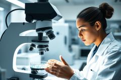 Scientist in a modern lab examining cells under a microscope. The image features a woman in a white coat, focused on research with blue-tinted equipment and a sterile environment, representing science, biology, and medical research.