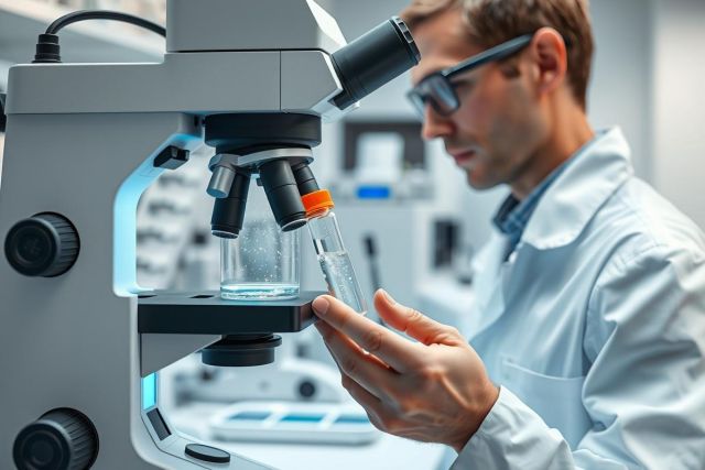 Scientist in a lab examining a sample under a microscope. The image depicts research, science, and medical analysis in a modern, clean laboratory setting with a focus on precision and investigation. Predominant colors are white, gray, and silver.