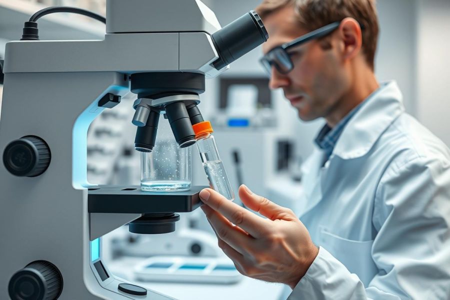 Scientist in a lab examining a sample under a microscope. The image depicts research, science, and medical analysis in a modern, clean laboratory setting with a focus on precision and investigation. Predominant colors are white, gray, and silver.