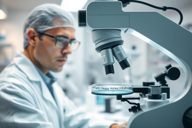 Scientist in lab coat and cap examining a slide under a microscope. Focus on research, science, and medical analysis in a modern laboratory setting. Blue and white color scheme.
