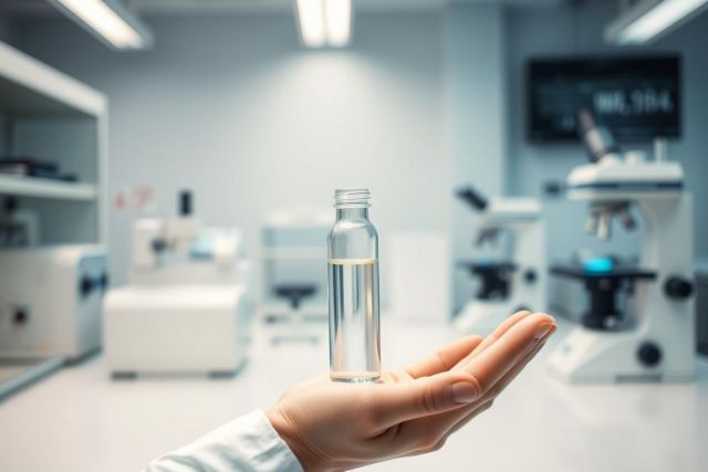 Laboratory research: A scientist holds a small vial of clear liquid in a modern, bright white lab. Microscopes and lab equipment are visible in the blurred background, suggesting scientific analysis and experimentation. Focus is on the vial, representing chemical compounds or samples.