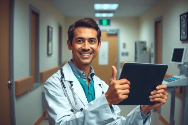 In the image, a medical professional is seen in an office environment. The individual is wearing a white lab coat and has a tablet computer in their hands, displaying it with confidence. They are also holding up a thumbs-up gesture, indicating approval or agreement. The background suggests this might be a medical practice or hospital setting. The colors of the scene are warm and inviting, likely to create a friendly atmosphere for patients.