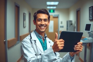 In the image, a medical professional is seen in an office environment. The individual is wearing a white lab coat and has a tablet computer in their hands, displaying it with confidence. They are also holding up a thumbs-up gesture, indicating approval or agreement. The background suggests this might be a medical practice or hospital setting. The colors of the scene are warm and inviting, likely to create a friendly atmosphere for patients.