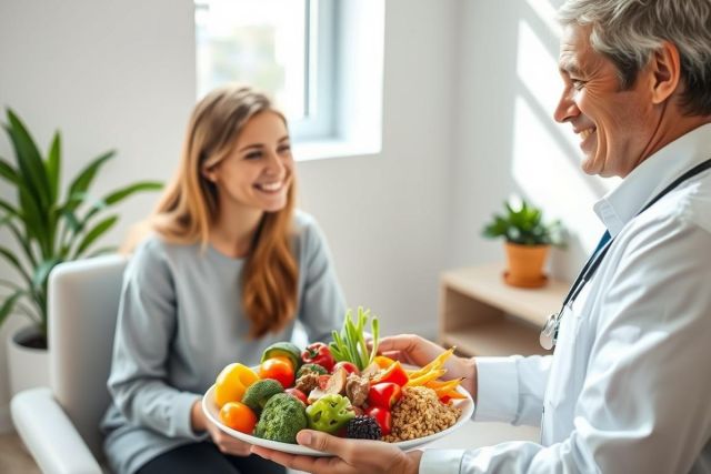Doctor discussing healthy eating with a patient. Bright, colorful plate of fresh vegetables and grains shown in a modern, well-lit office setting. Focus on nutrition, wellness, and medical consultation.