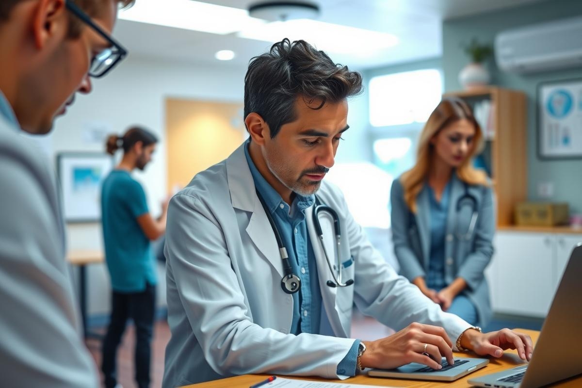 In this image, a group of medical professionals are in an office setting. The focus is on the man at the center who appears to be writing or typing on a laptop.