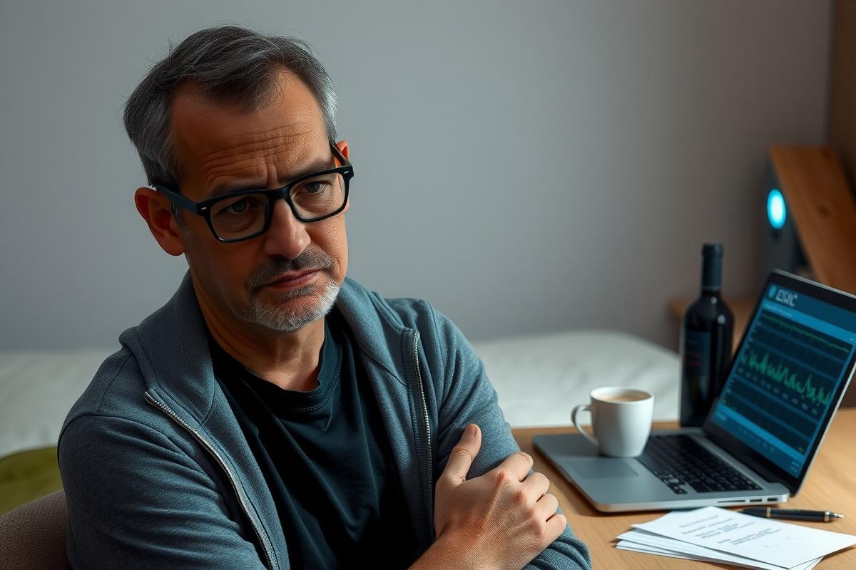 The image depicts a man sitting at a desk in an office environment. He is wearing a grey sweatshirt over a black t-shirt and glasses. The man appears to be engaged in work or a task, given his focused gaze and the presence of digital devices such as a laptop and tablet on the desk.