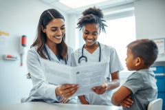 Two healthcare professionals, a doctor and nurse, smiling and reviewing paperwork with a young boy in a bright, modern clinic. The scene depicts a pediatric checkup or consultation, showcasing a positive and caring medical environment. Predominant colors are white and blue.