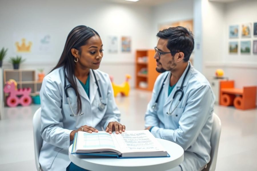 Two doctors in white coats and stethoscopes review a medical textbook together in a bright, modern hospital hallway. Focus on healthcare professionals and collaborative discussion in a clinical setting.