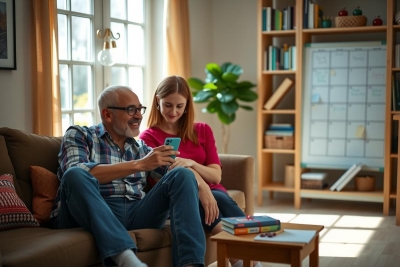 In a cozy living room setting, a man and woman sit on a couch engrossed in their smartphones. The couple is wearing casual attire, with the man sporting glasses and both dressed for comfort.