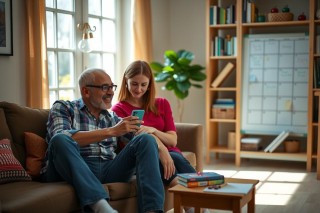 In a cozy living room setting, a man and woman sit on a couch engrossed in their smartphones. The couple is wearing casual attire, with the man sporting glasses and both dressed for comfort.