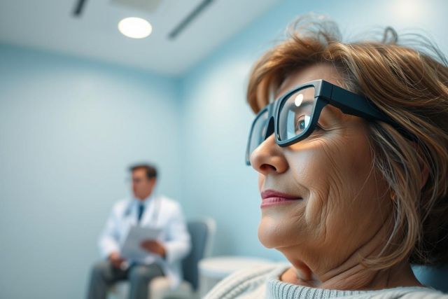 Senior woman wearing glasses in an eye exam. A blurred doctor sits in the background of a bright, modern clinic. Focus on vision care, healthcare, and senior eye health. Blue and neutral tones dominate the scene.