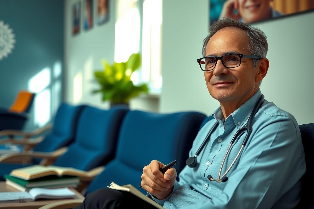Man, likely a doctor, sitting in an office with a book and pen. He has glasses on, wearing a blue shirt, smiling towards the camera. The setting suggests a professional or medical environment.