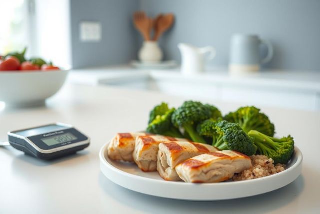 Grilled chicken breast and broccoli on a plate, healthy meal prep, close-up, white background, kitchen setting, food photography, wellness, diet.