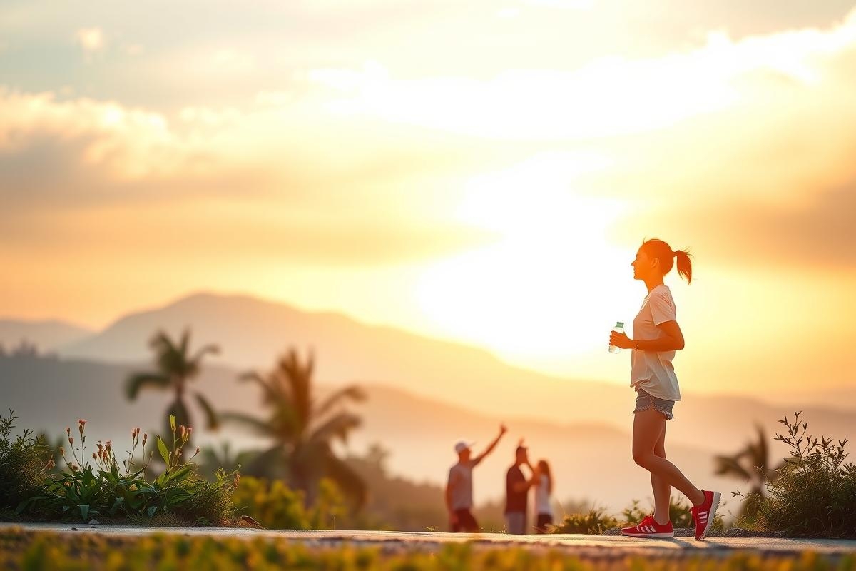 Running during sunset with silhouetted figures. Path set against a mountain backdrop with warm hues of orange and yellow in the sky.