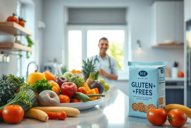 Healthy eating concept. Fresh fruits and vegetables like apples, tomatoes, zucchini, and pineapple are displayed on a white platter in a bright, modern kitchen. A package of gluten-free cookies is visible. A man stands in the background near a window, suggesting a focus on wellness and dietary choices.