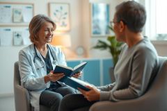 Doctor consults with a patient in a bright, modern office setting. The healthcare professional, wearing a white coat, reviews medical documents while engaging in a discussion. Focus on medical care, patient consultation, and healthcare professionals.