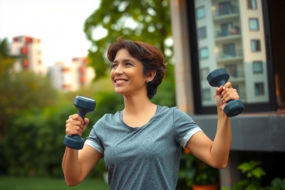 A smiling woman holding a pair of dumbbells, indicating she is either lifting weights or performing an exercise routine. The environment appears to be outdoors with natural light and greenery, suggesting a healthy and active lifestyle.
