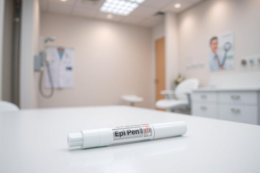 An EpiPen sits on a clean white examination table in a modern medical clinic. The background shows a doctor's portrait and medical equipment, with neutral beige and white tones. Focuses on allergy treatment and emergency medical supplies.