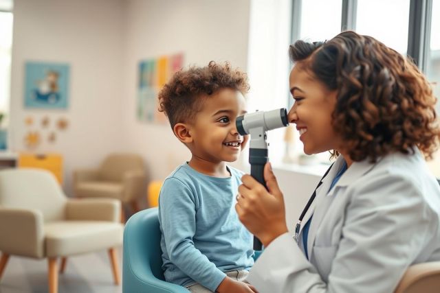 A young boy receives an eye exam from a female doctor in a bright, modern clinic. The scene depicts pediatric healthcare, featuring a smiling child and professional examining him with an ophthalmoscope. Colors are warm and inviting, suggesting a comfortable medical environment.