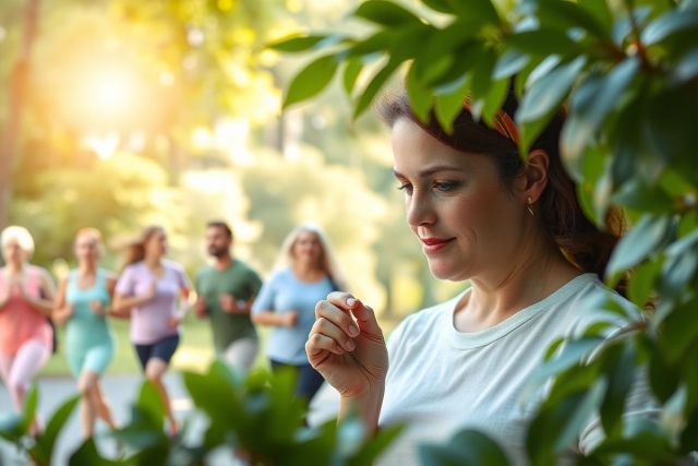 A woman is standing among a group of people engaged in an outdoor exercise, possibly jogging or walking. The environment suggests it might be a park or a path in nature with lush greenery around them.