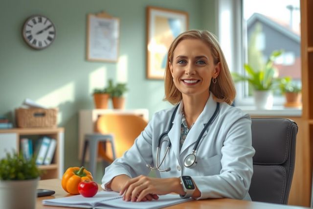 The image features a woman, who appears to be a doctor given her white coat with a stethoscope around her neck. She is seated at a desk in what looks like a well-lit office or clinic, suggesting a professional setting.