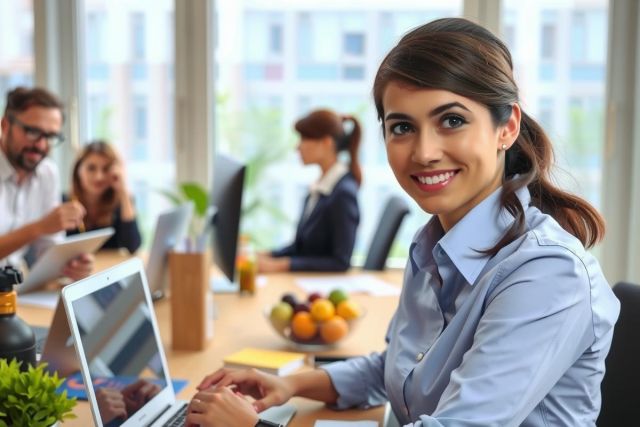 A woman in a business setting, smiling while seated at her desk working on a laptop. She appears to be an executive or professional in an office environment.