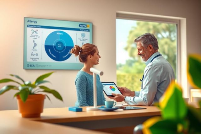 A medical consultation in a modern office with two individuals. A doctor is showing a patient on a tablet, possibly discussing healthcare information or treatment options.