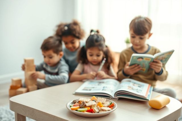 Group of diverse preschoolers learning and playing indoors. Children are reading books, building with wooden blocks, and enjoying a snack. Bright, cheerful scene with warm colors and a focus on early childhood education and playtime.