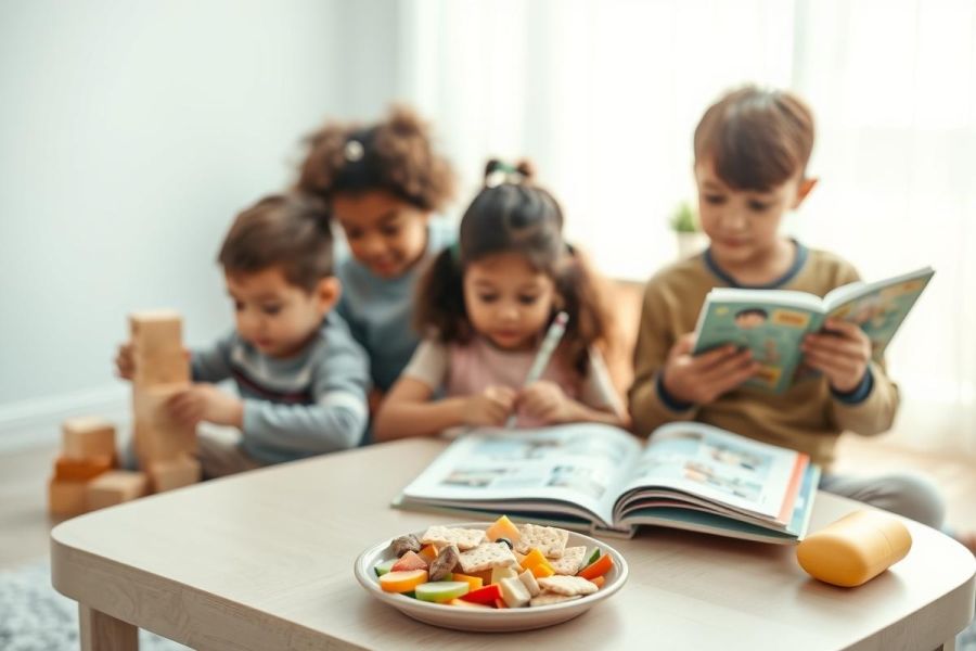 Group of diverse preschoolers learning and playing indoors. Children are reading books, building with wooden blocks, and enjoying a snack. Bright, cheerful scene with warm colors and a focus on early childhood education and playtime.