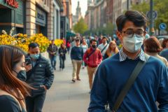 This image captures a candid moment on a bustling city sidewalk during what appears to be the time of year when trees are in bloom. The main subjects of the photo are a man and a woman, both wearing face masks, which is indicative of health concerns or air pollution prevalent at that time. They are engaged in what could be an intimate conversation while others around them navigate the sidewalk, contributing to a lively urban atmosphere.