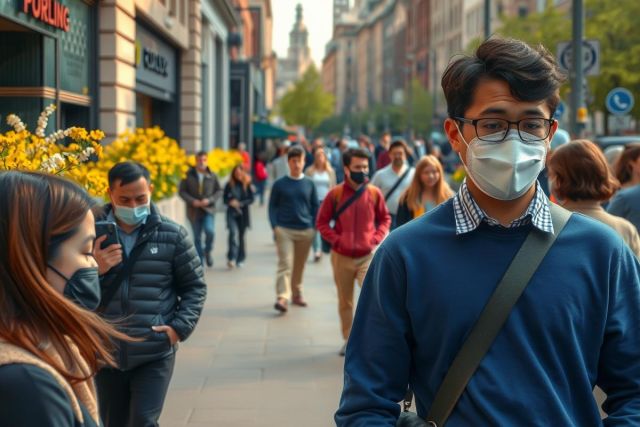 This image captures a candid moment on a bustling city sidewalk during what appears to be the time of year when trees are in bloom. The main subjects of the photo are a man and a woman, both wearing face masks, which is indicative of health concerns or air pollution prevalent at that time. They are engaged in what could be an intimate conversation while others around them navigate the sidewalk, contributing to a lively urban atmosphere.