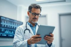 A mature male doctor in a white coat and glasses examines a tablet in a modern, bright hospital setting. An EKG monitor is visible in the background. Focus on healthcare technology and medical professional.