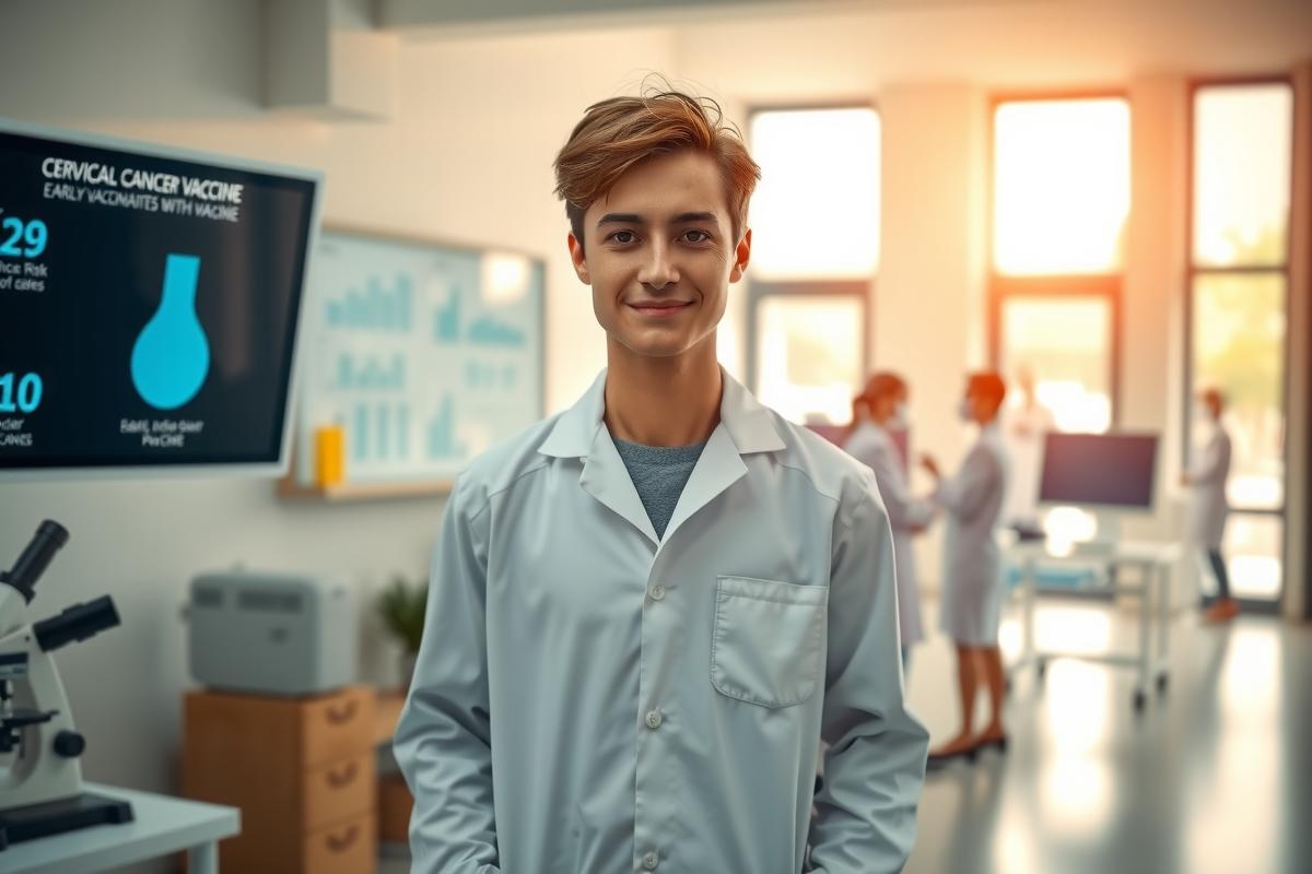 A young man wearing a white lab coat stands in a modern, well-lit laboratory. He is smiling and looking towards the camera. The lab is equipped with digital screens displaying graphs and charts related to medical research or data analysis.