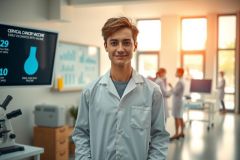 A young man wearing a white lab coat stands in a modern, well-lit laboratory. He is smiling and looking towards the camera. The lab is equipped with digital screens displaying graphs and charts related to medical research or data analysis.