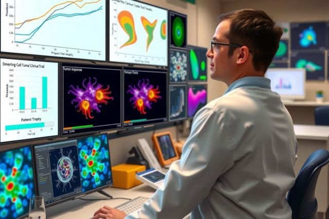 A man sitting at a desk in front of multiple computer monitors, displaying various scientific data such as graphs and charts related to molecular biology or genetics. The environment suggests a research lab or control room, with a focus on analytical tools and complex visualizations.