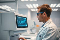 Scientist in a modern lab analyzing data on a medical device. The image features a man in a white coat and safety glasses, focused on a screen displaying blue graphs, set against a bright, clean laboratory background. Keywords: science, lab, research, medical, technology.