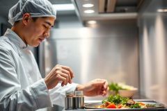 Chef in a professional kitchen garnishing a colorful salad with spices. Focus on food preparation, culinary arts, and healthy eating. Bright, clean environment with stainless steel and modern lighting.