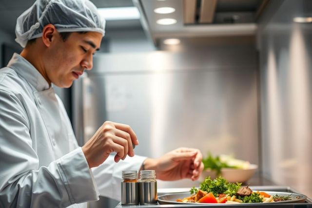 Chef in a professional kitchen garnishing a colorful salad with spices. Focus on food preparation, culinary arts, and healthy eating. Bright, clean environment with stainless steel and modern lighting.