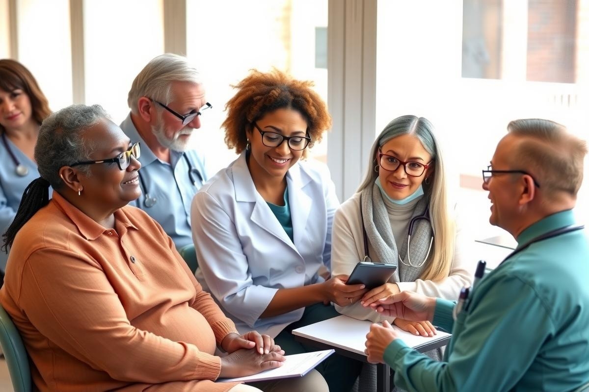 A diverse group of people gathered in a medical waiting area, engaged in conversation. They are seated on chairs and benches arranged around the room, with a large window providing natural light.