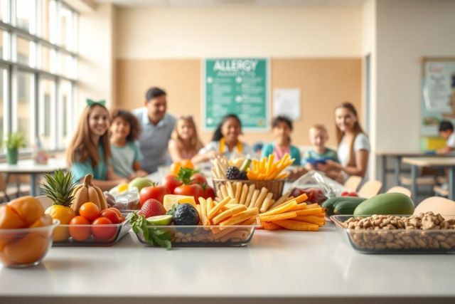 Healthy school lunch display with fresh fruits like pineapple, oranges, and watermelon alongside vegetables and snacks. Diverse group of children and adults are blurred in the background of the bright cafeteria setting, highlighting nutritious food options for kids.